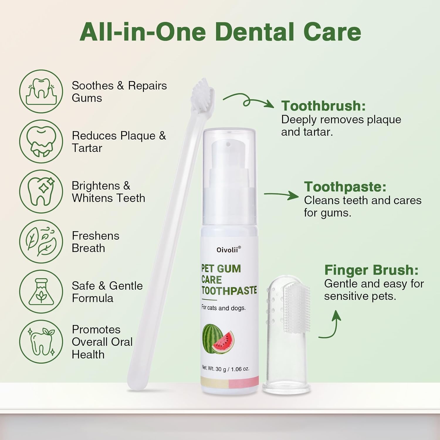 Close up view of the soft silicone finger brush included in the Oivolii pet dental kit.