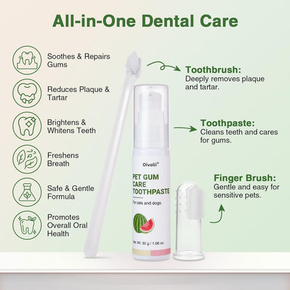 Close up view of the soft silicone finger brush included in the Oivolii pet dental kit.