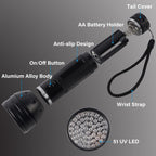 Three pieces of fifty one LED ultraviolet flashlights arranged together for home cleaning use.