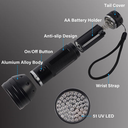 Three pieces of fifty one LED ultraviolet flashlights arranged together for home cleaning use.