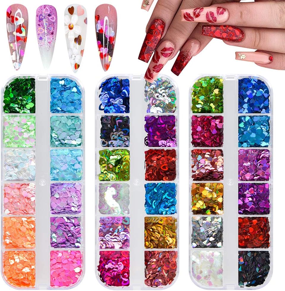 Ebanku 36 colors heart glitter nail art sequins set front view