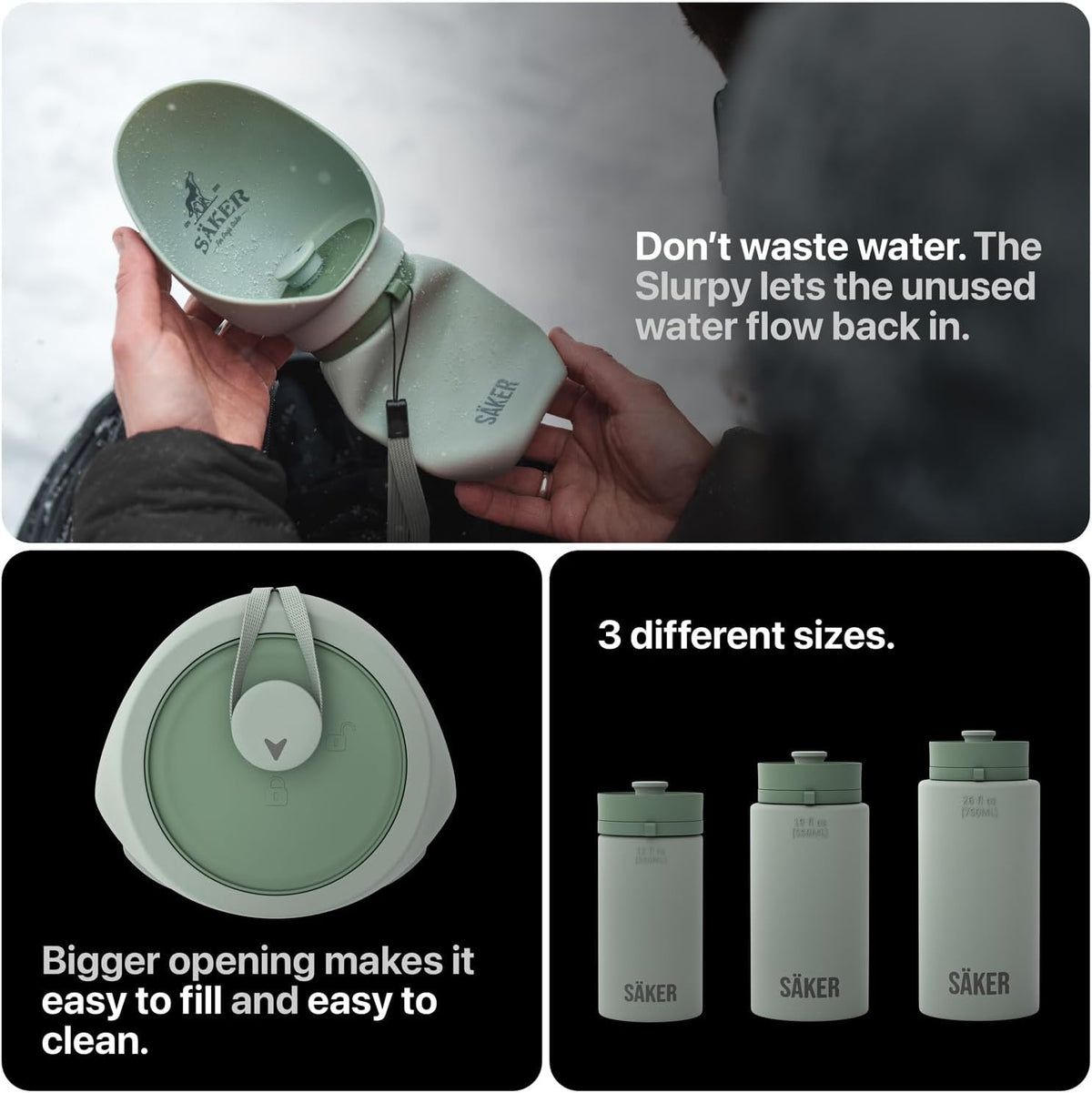 SÃ¤ker dog water bottle being carried by its integrated wrist lanyard on a hike