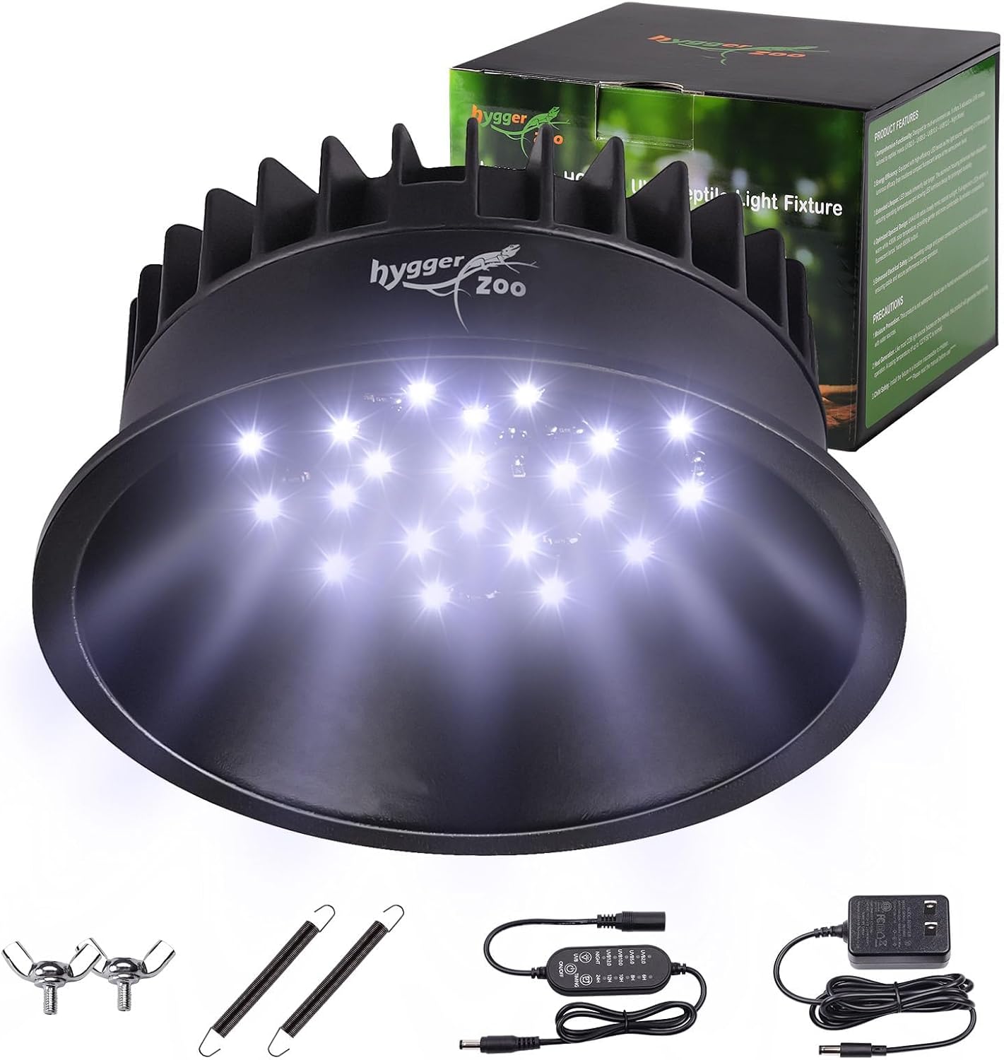 Hygger Zoo reptile light fixture front view showing sleek black aluminum housing.