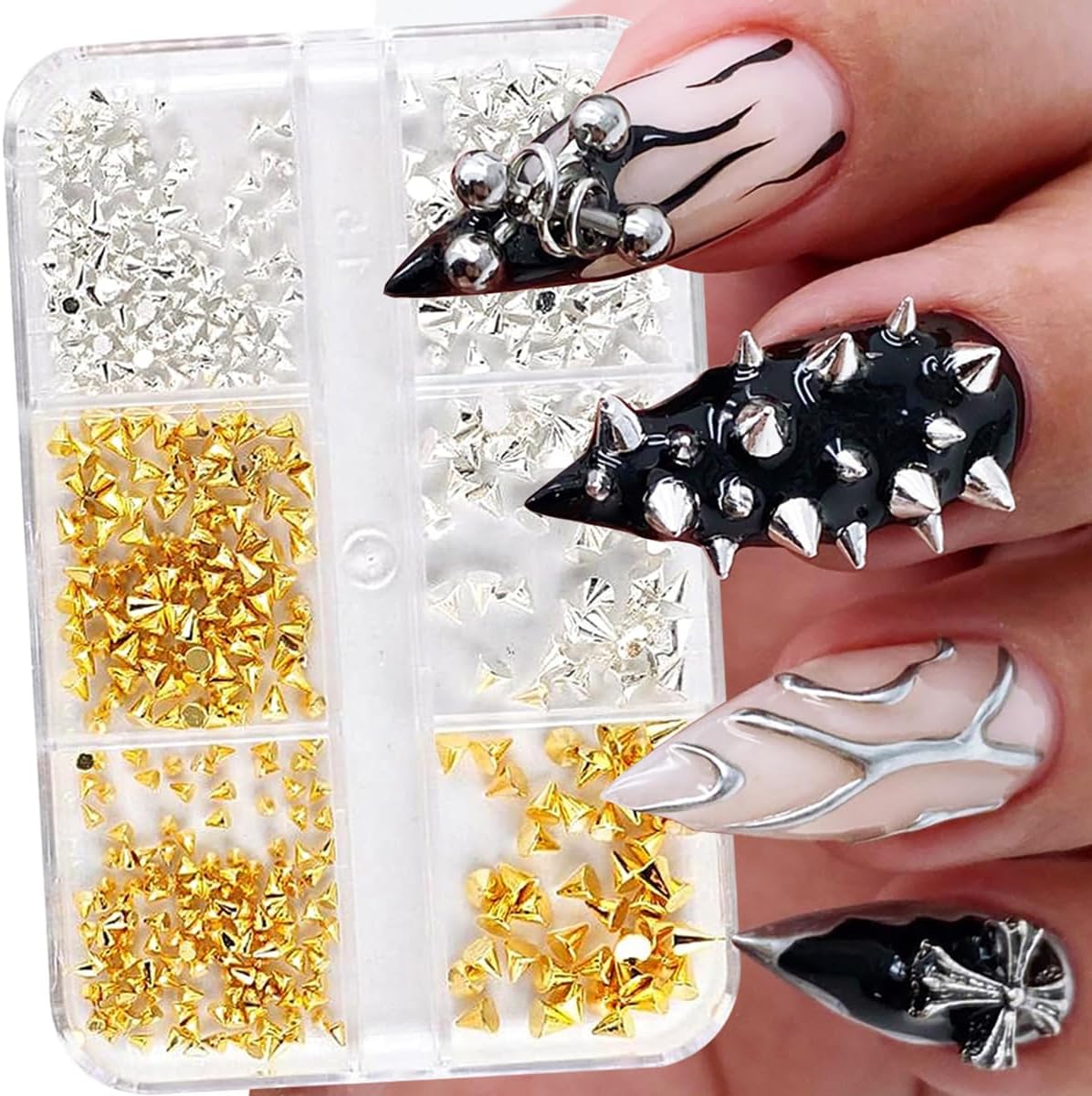 SONGJIE Mini Metal Rivet Punk Nail Charms 6-grid container front view featuring gold and silver cone nail art studs