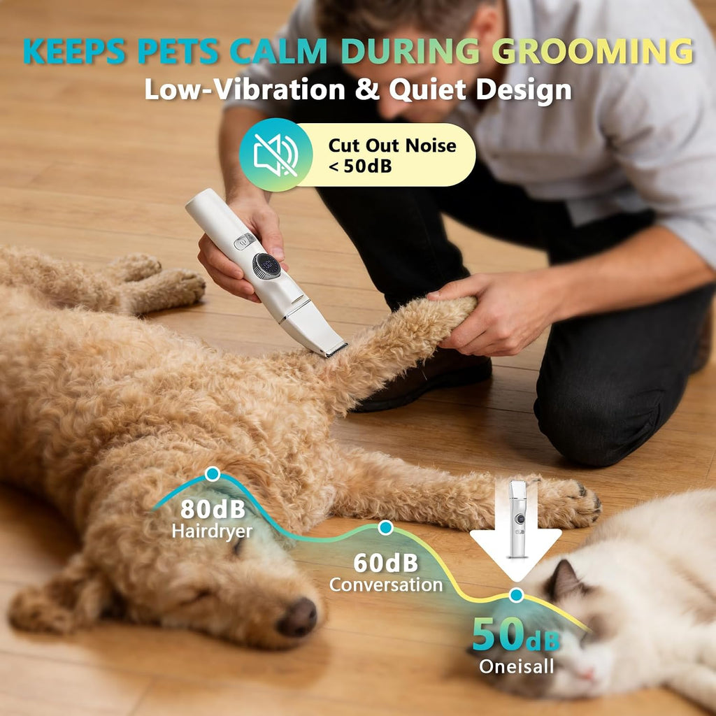 KAVUNION dog paw trimmer head with built-in LED light illuminating a cutting area