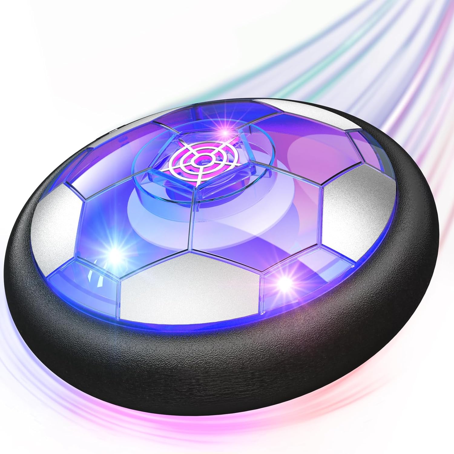Ancesfun Hover Soccer Ball front view showing black foam bumper and glowing internal LED lights