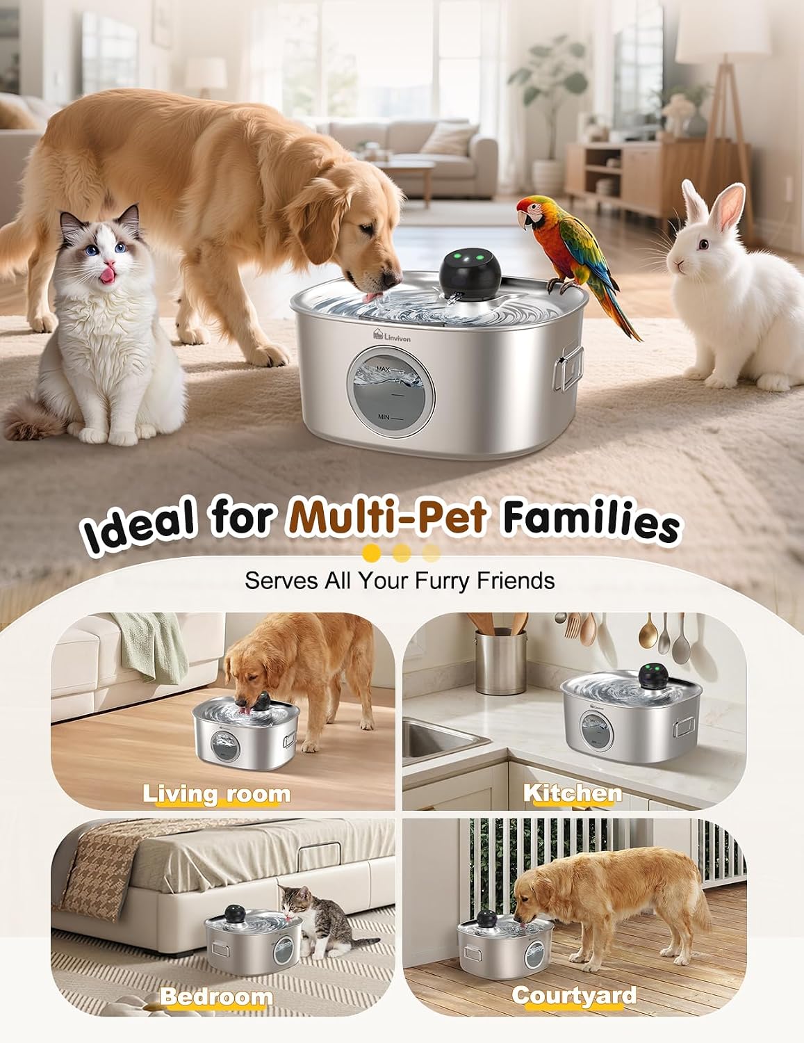 Linvivon cordless pet water fountain showing water window