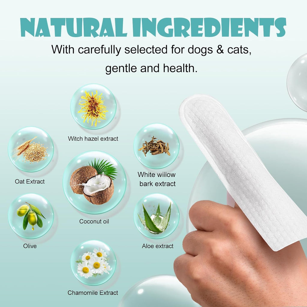Instructions on how to use FiveSeed finger wipes on dog