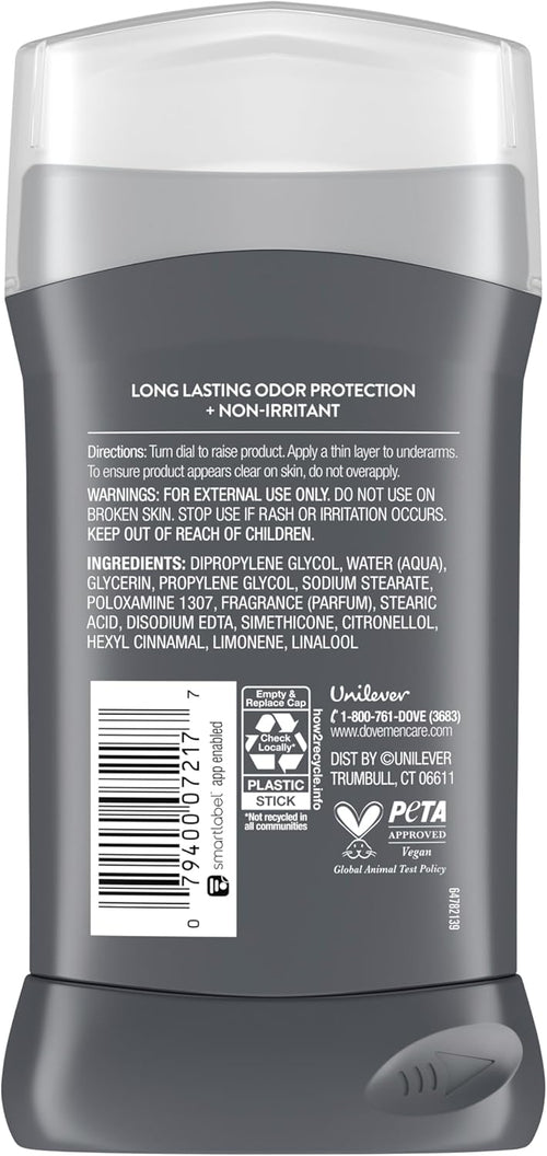 Dove Men Care aluminum free deodorant stick for men highlighting the quarter moisturizing cream formulation