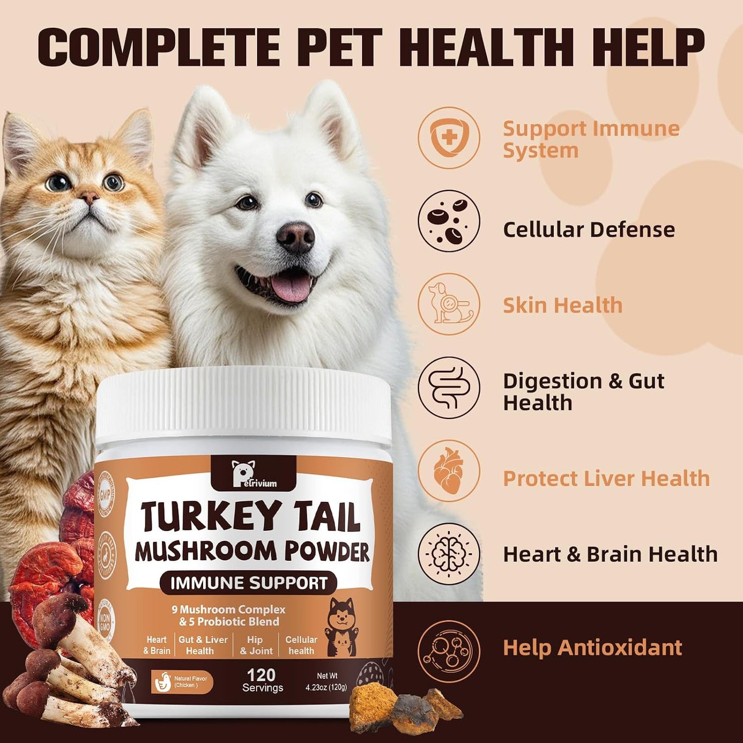 Back label of Petrivium pet supplement outlining ten billion CFU probiotic ingredients.