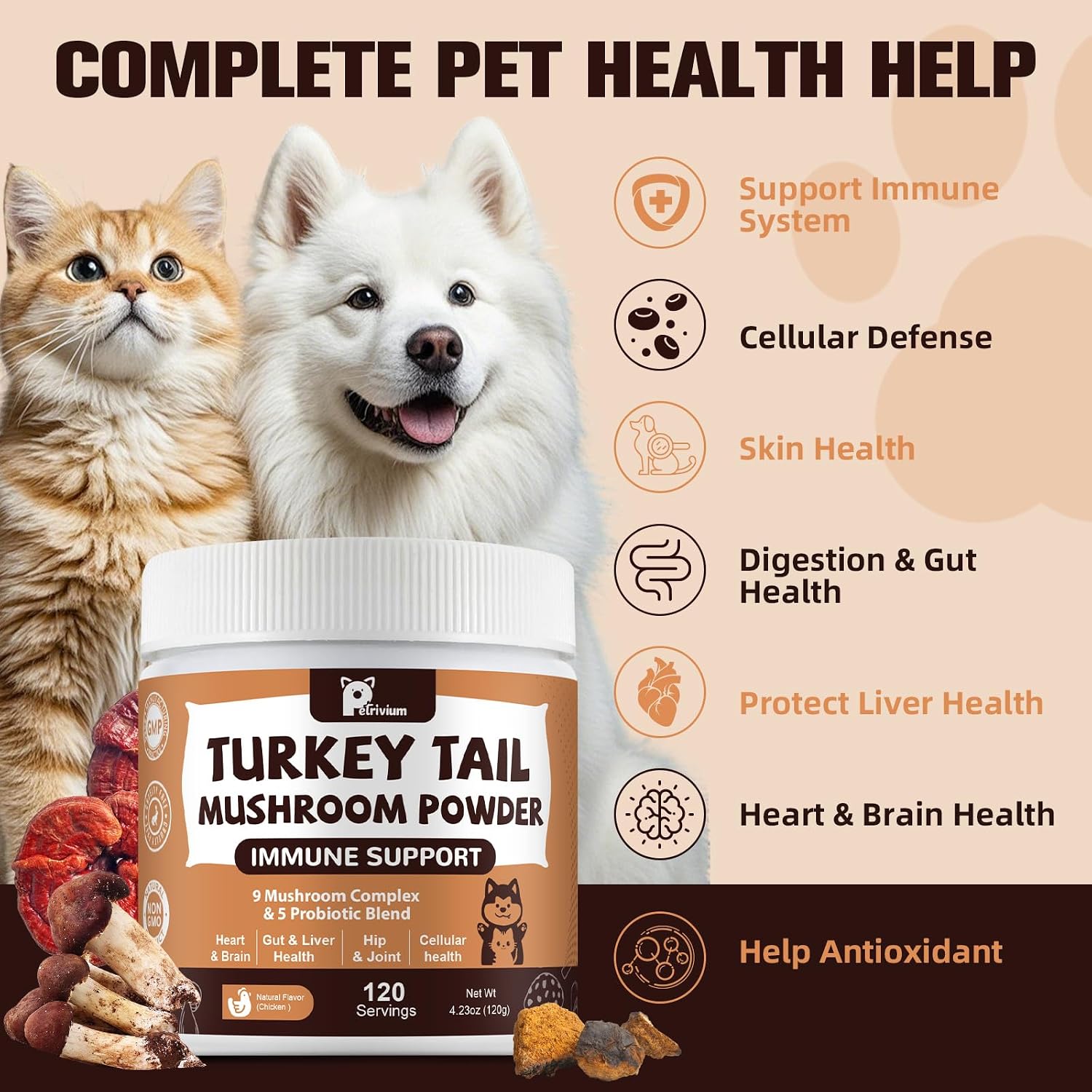 Back label of Petrivium pet supplement outlining ten billion CFU probiotic ingredients.