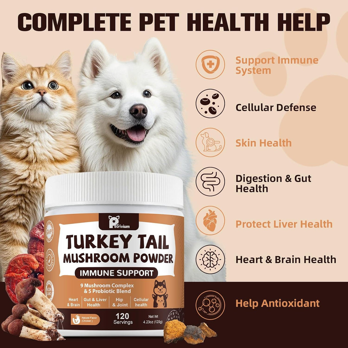Back label of Petrivium pet supplement outlining ten billion CFU probiotic ingredients.