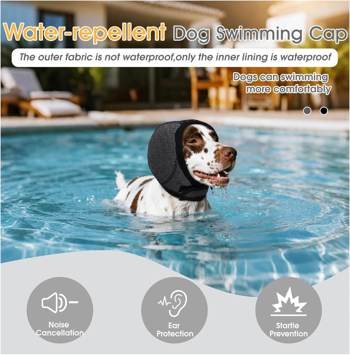 Side view of small dog wearing noise protection ear wraps comfortably