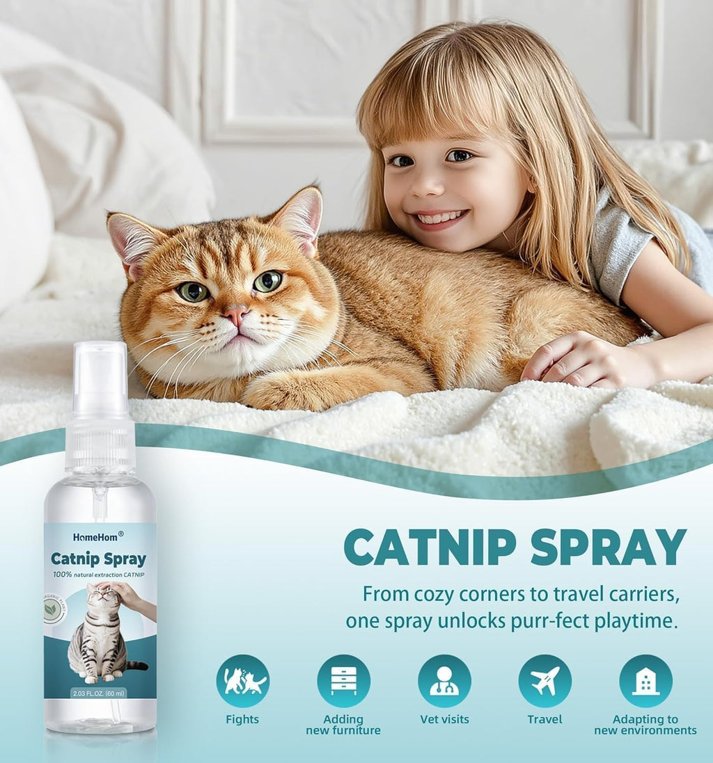 Organic pet mist being sprayed onto a cardboard cat scratcher to redirect scratching habits.