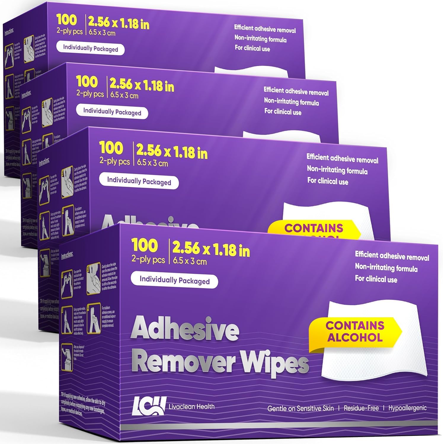 Livaclean Health Adhesive Remover Wipes front view of 400 count box.