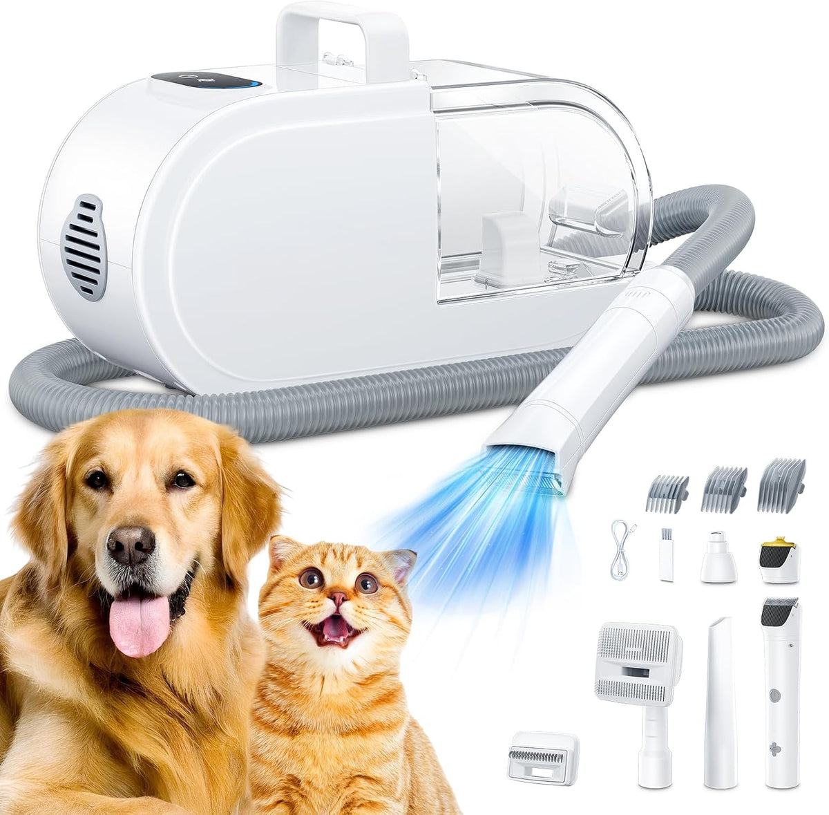 OPOWO ScrubWiz dog grooming vacuum kit front view showing seven professional pet care tools and large dust cup.