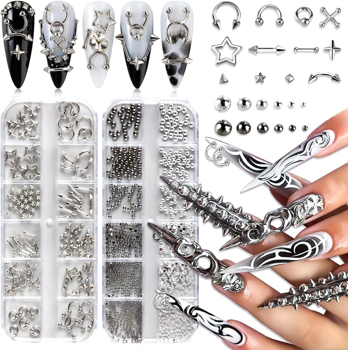 Poduojieyi 24 Grids Goth Nail Charms Studs set front view