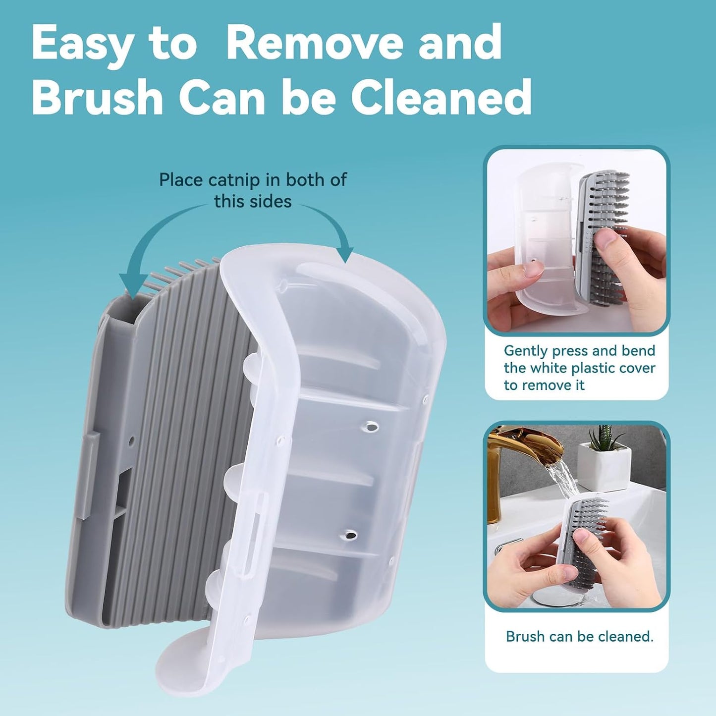 Tiny Pets grey cat massager corner comb showing the detachable split design for cleaning