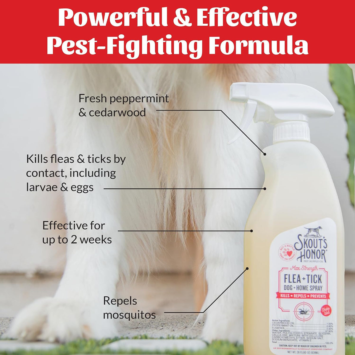 Skout's Honor flea and tick spray with natural ingredient icons