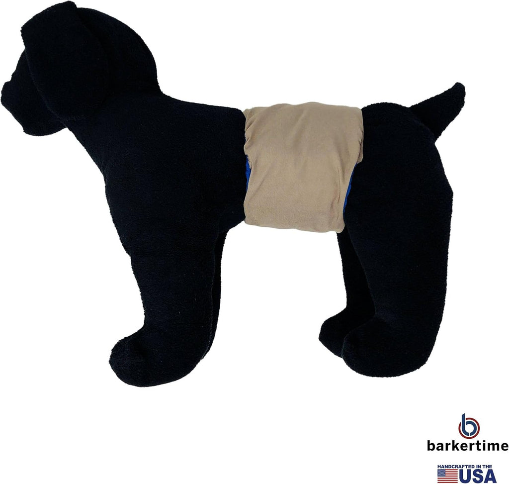 Barkertime washable male dog diaper in beige canvas showing secure closure