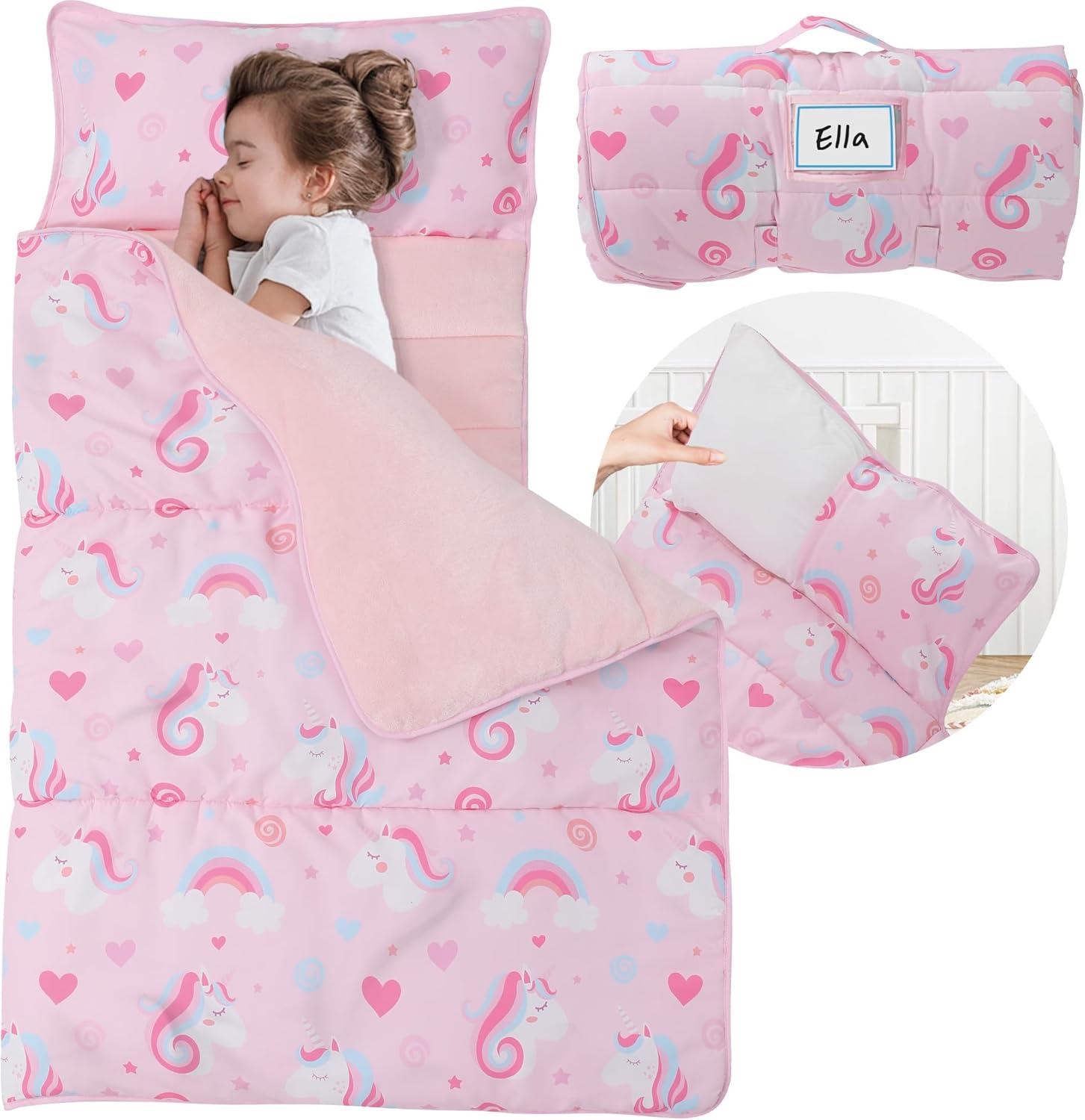 Pea Pod Toddler Nap Mat front view showing the unrolled rainbow floral pattern sleeping bag.