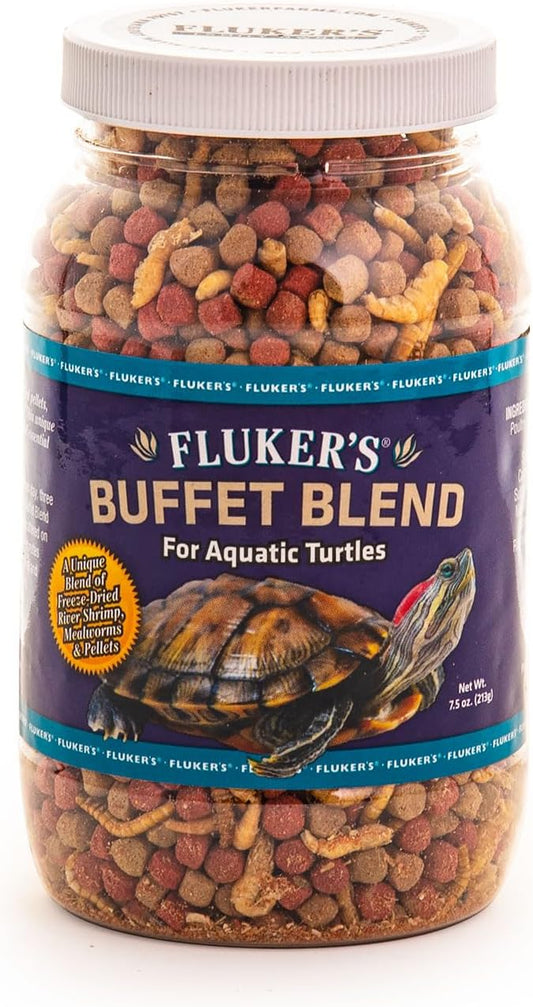 Fluker's Buffet Blend Aquatic Formula Turtle Food 7.5 Ounce front view jar showing freeze-dried shrimp mix.