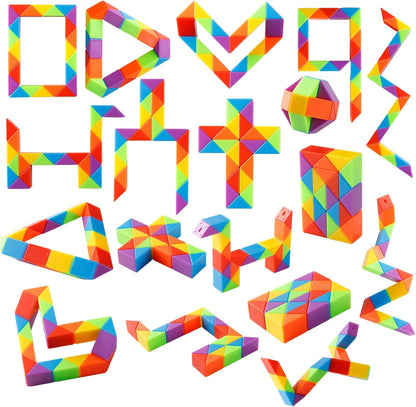 Yeetec fidget snake cube front view displaying the vibrant rainbow-colored interconnected triangular puzzle pieces.