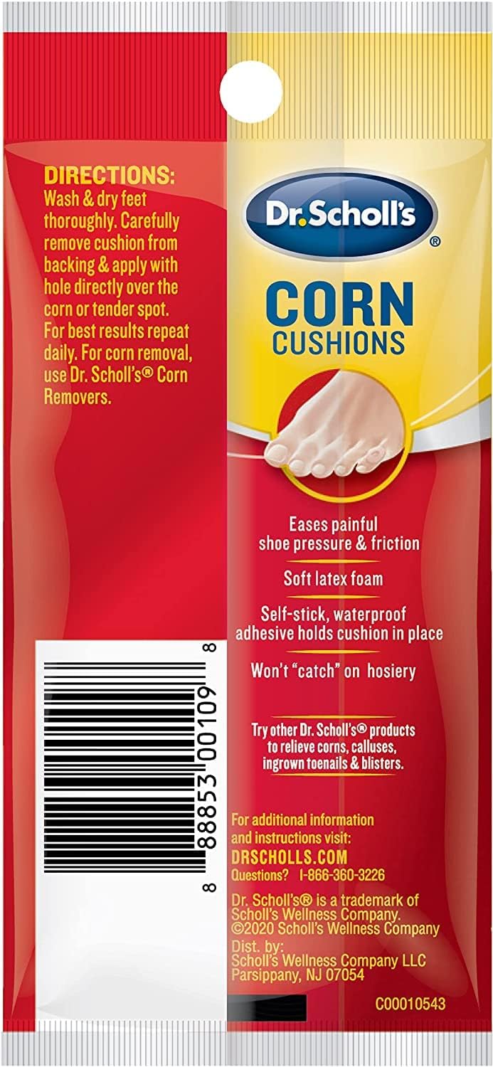 Back packaging of Dr. Scholl's foot corn removal pads showing the active ingredients and detailed step by step instructions.