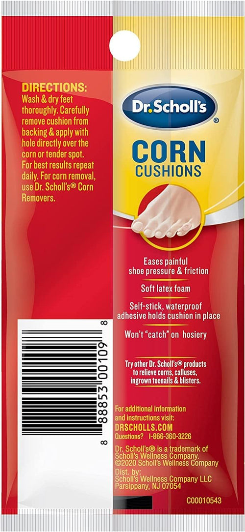 Back packaging of Dr. Scholl's foot corn removal pads showing the active ingredients and detailed step by step instructions.