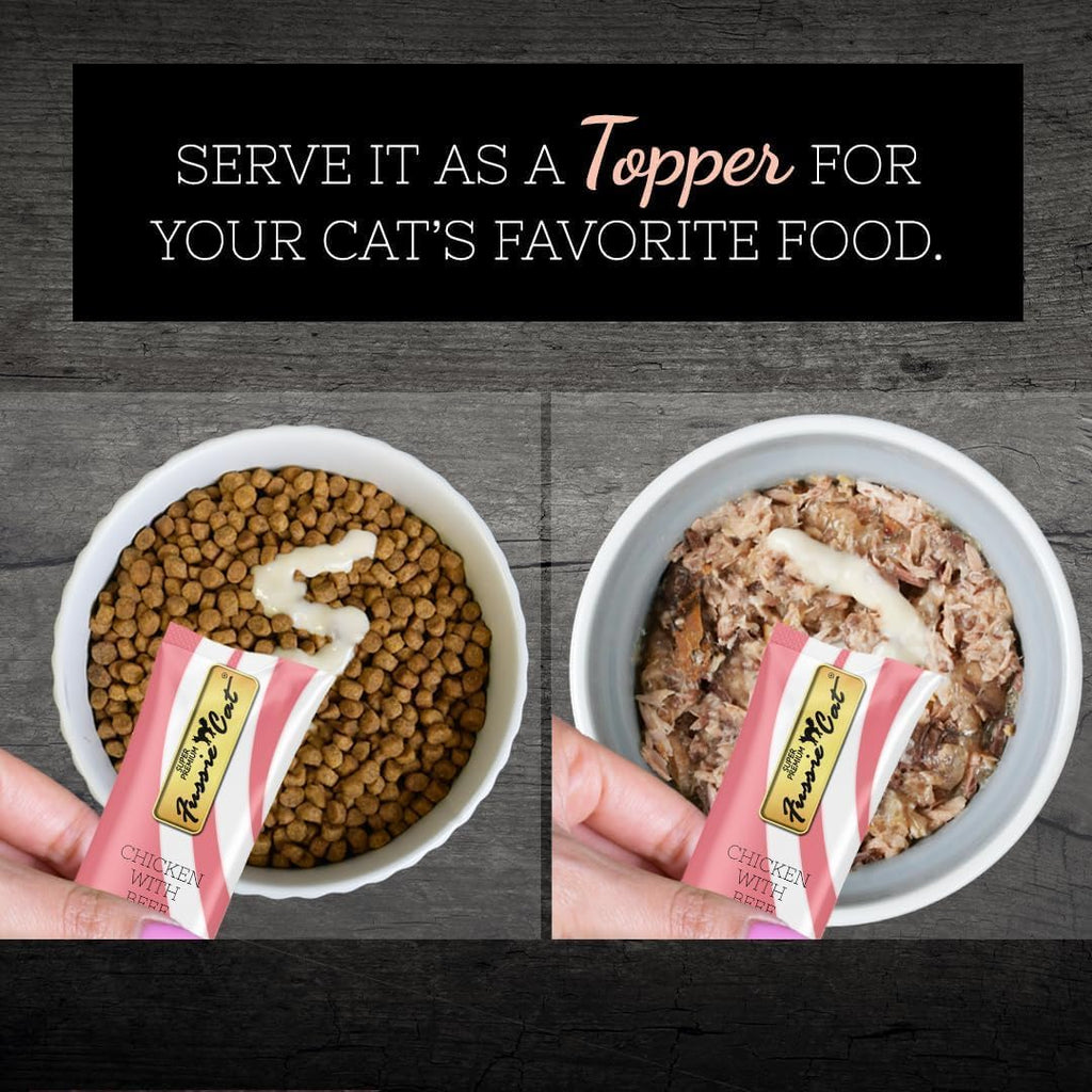 Fussie Cat lickable treat tube being served on kibble