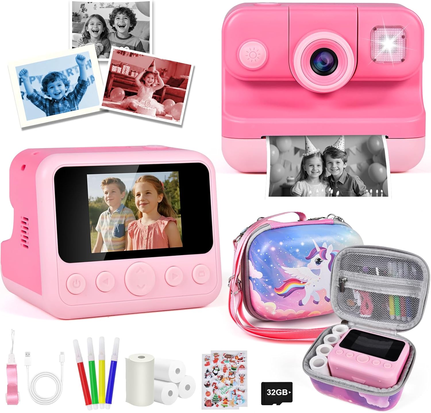 Elecoutek kids instant print camera pink front view showing dual selfie lens