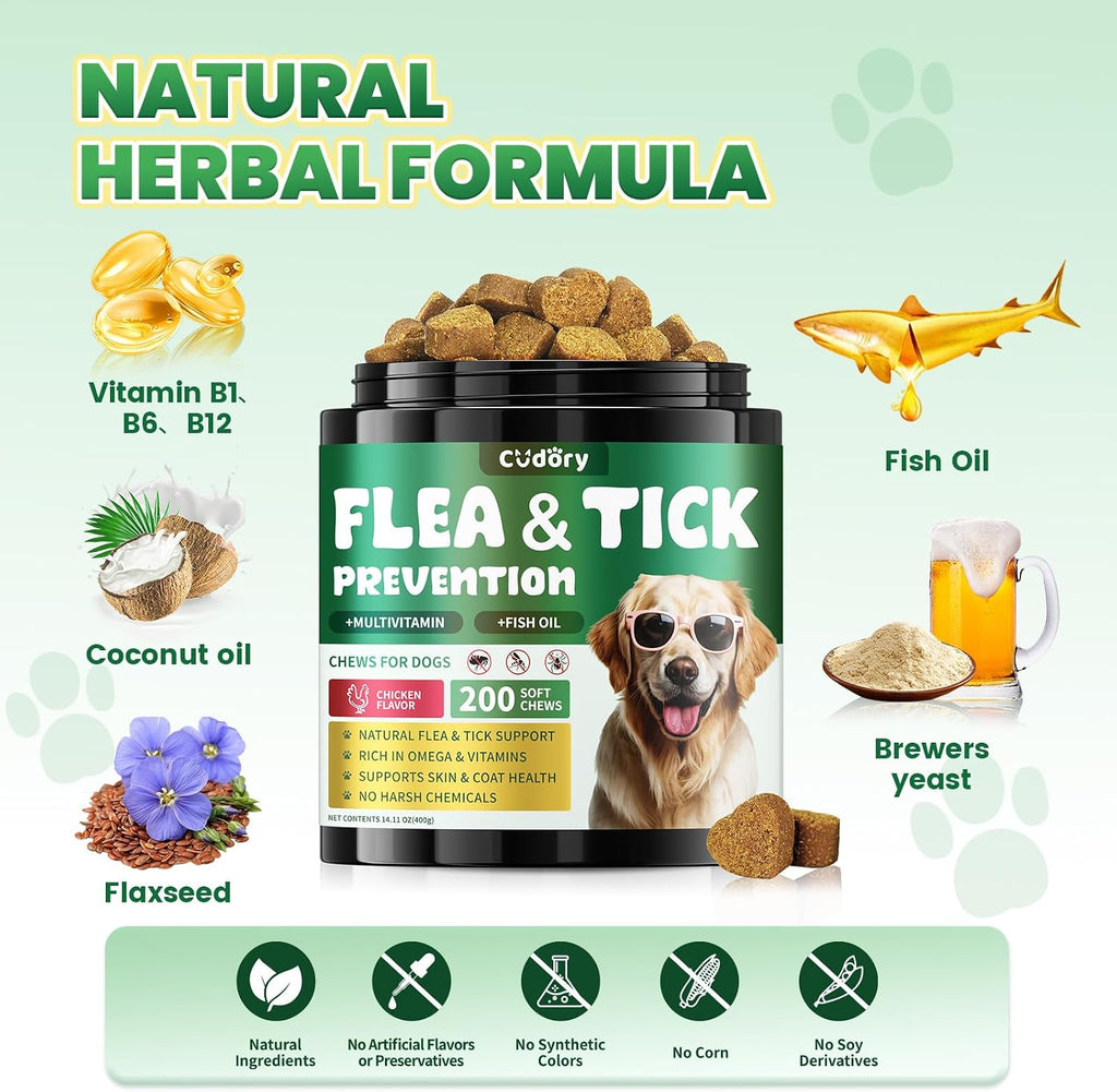 Cudory natural oral supplement for dogs showing 200 chicken flavor soft chews.