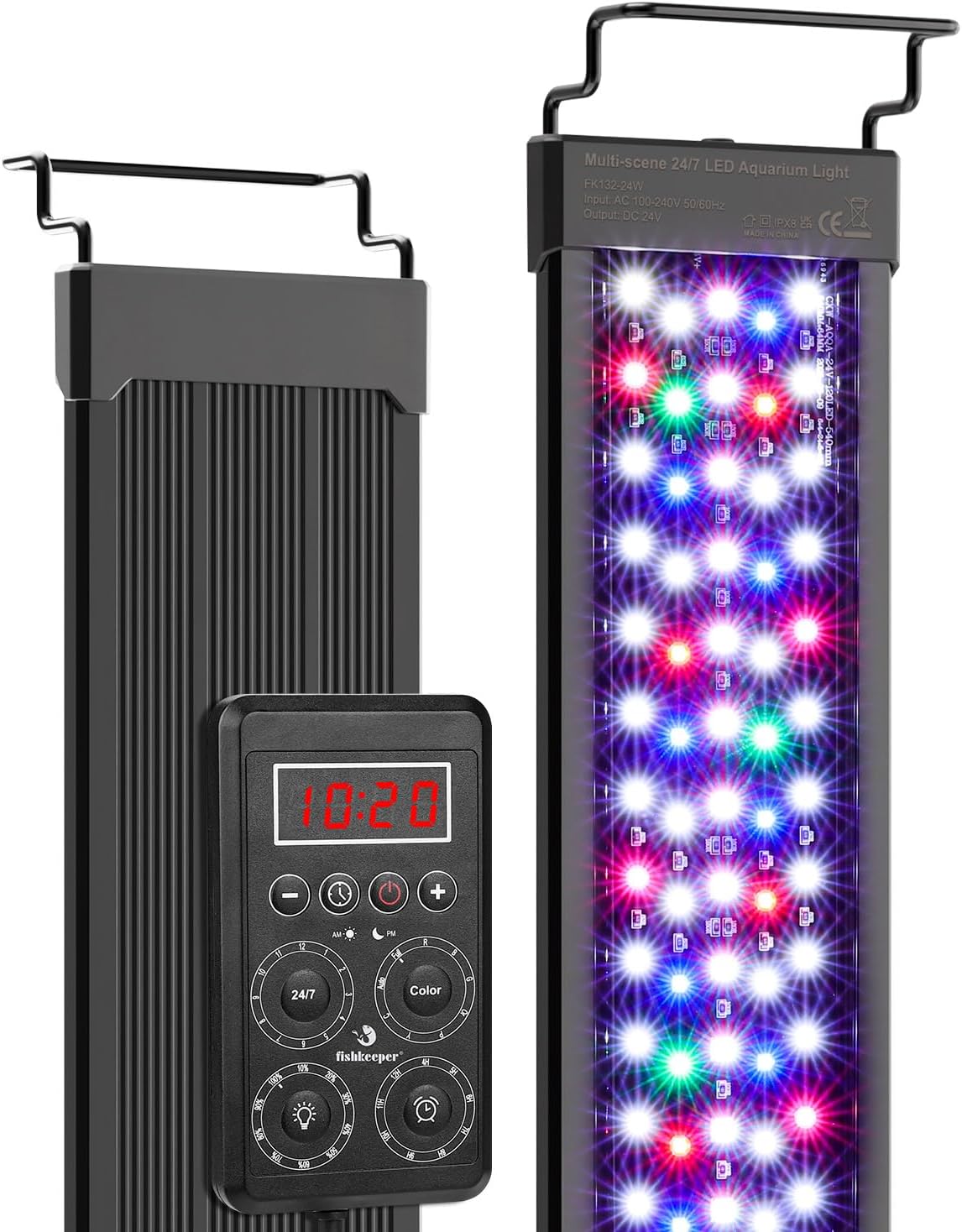 Fishkeeper smart LED aquarium light front view illuminating a planted freshwater tank.