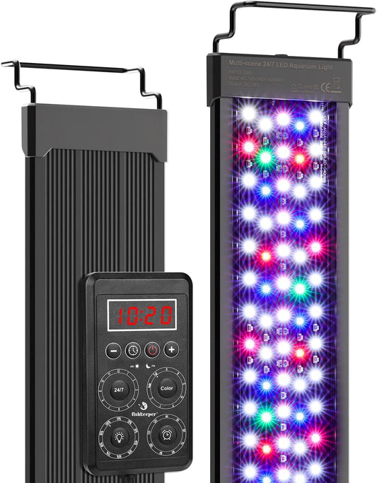Fishkeeper smart LED aquarium light front view illuminating a planted freshwater tank.