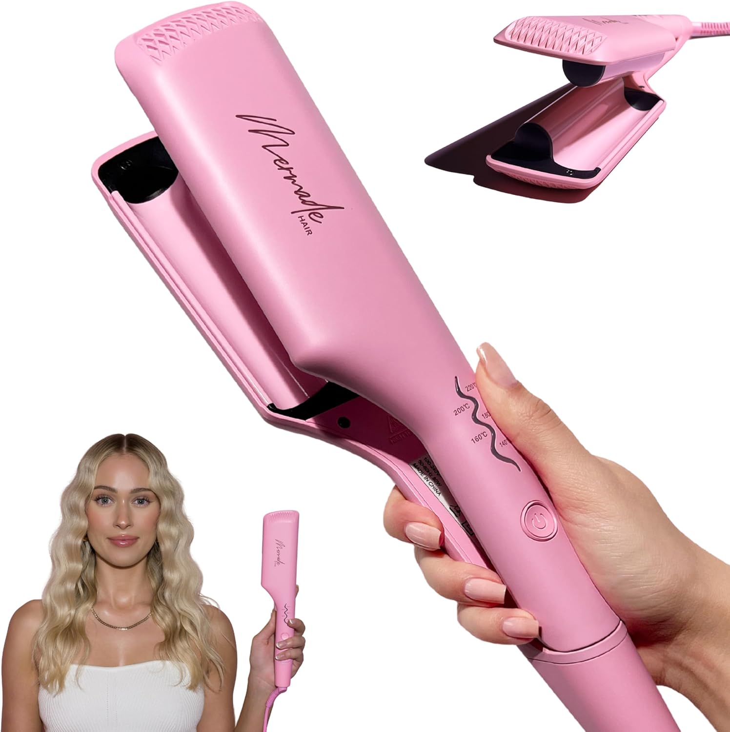 Mermade Hair Double Waver Pink front view showcasing the two barrel styling iron design