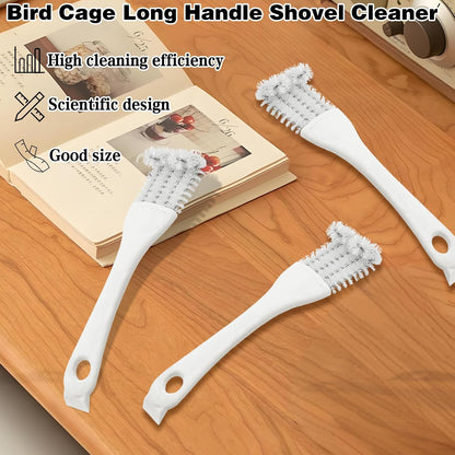 Long handled bird cage cleaning tool in use on wire cage