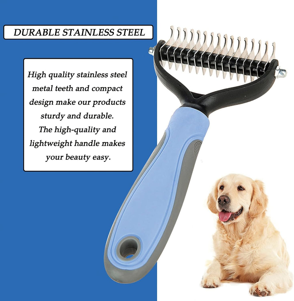 Ergonomic blue and grey non slip handle of the pet de-shedding row comb.