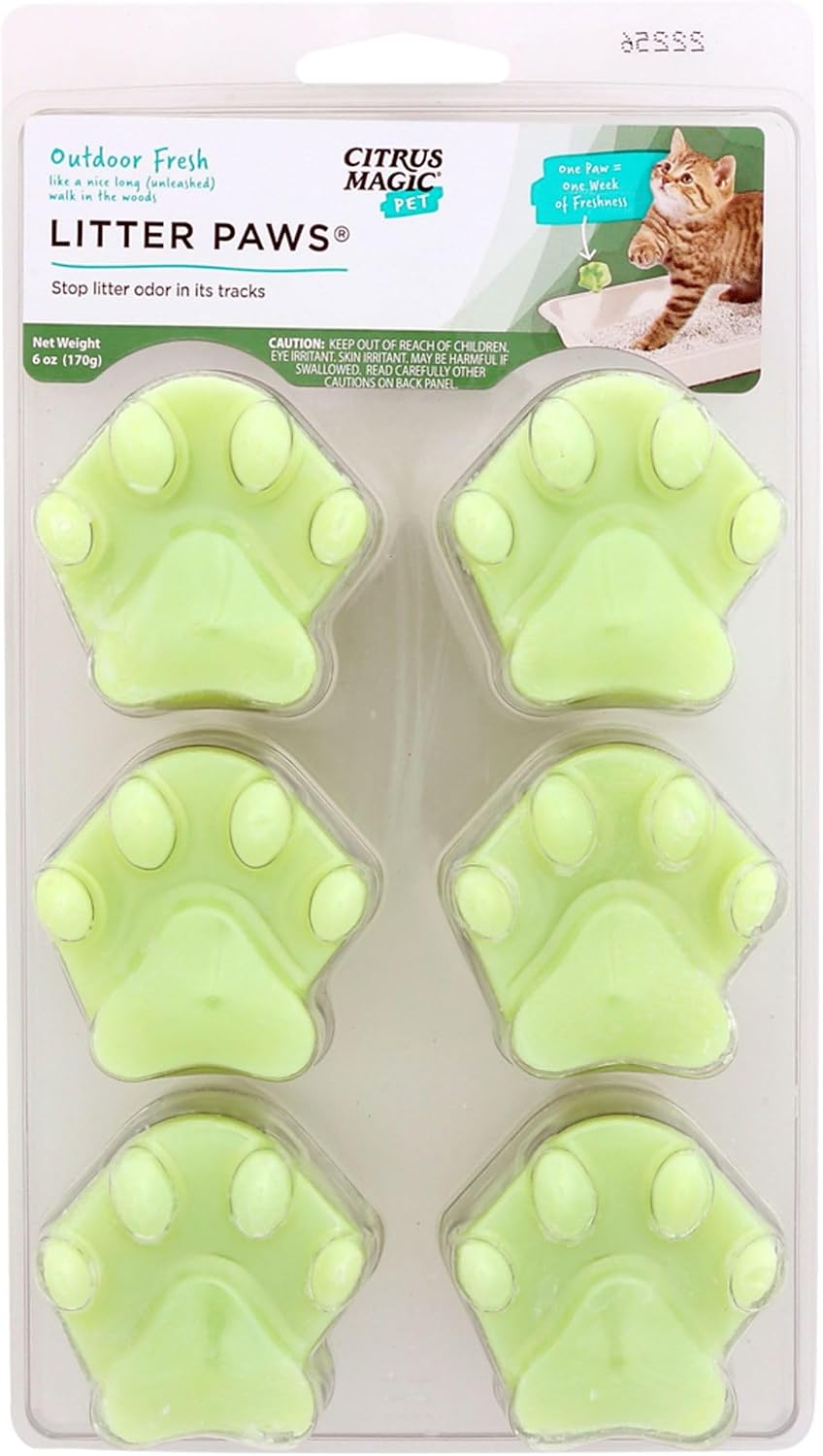 Back label of Citrus Magic pet odor eliminator litter paws showing ingredients and usage directions