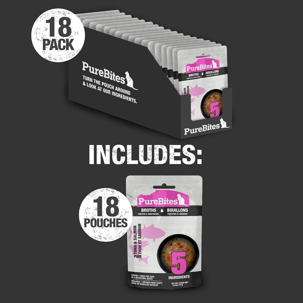 PureBites tuna and salmon broth packaging showing human grade ingredients