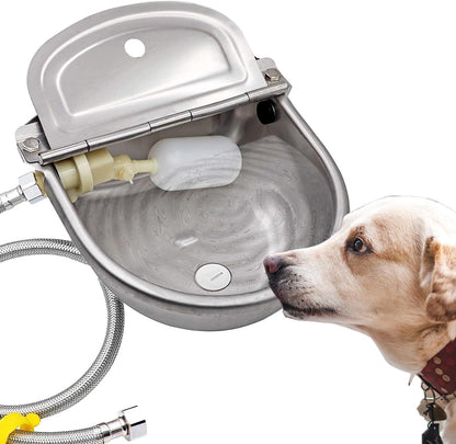AKUATUZ rust resistant stainless steel pet waterer showing complete installation kit accessories.