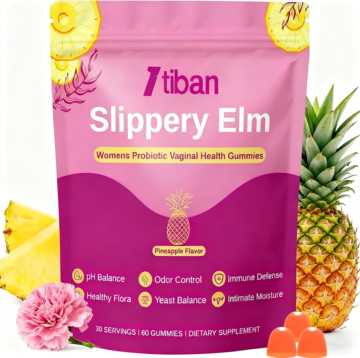 Feminine Vaginal Probiotics Gummies, Supports pH Balance & Digestive Health, Slippery Elm for Women, Suagr-Free, Veagn, Pineapple Flavor, 60 Count - Image 10