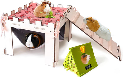 Acsist large wooden guinea pig hideout front view showcasing the double layer castle structure with stairs.