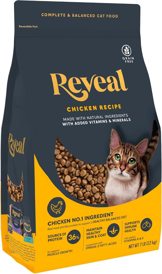 Reveal grain free dry cat food premium kibble texture close up