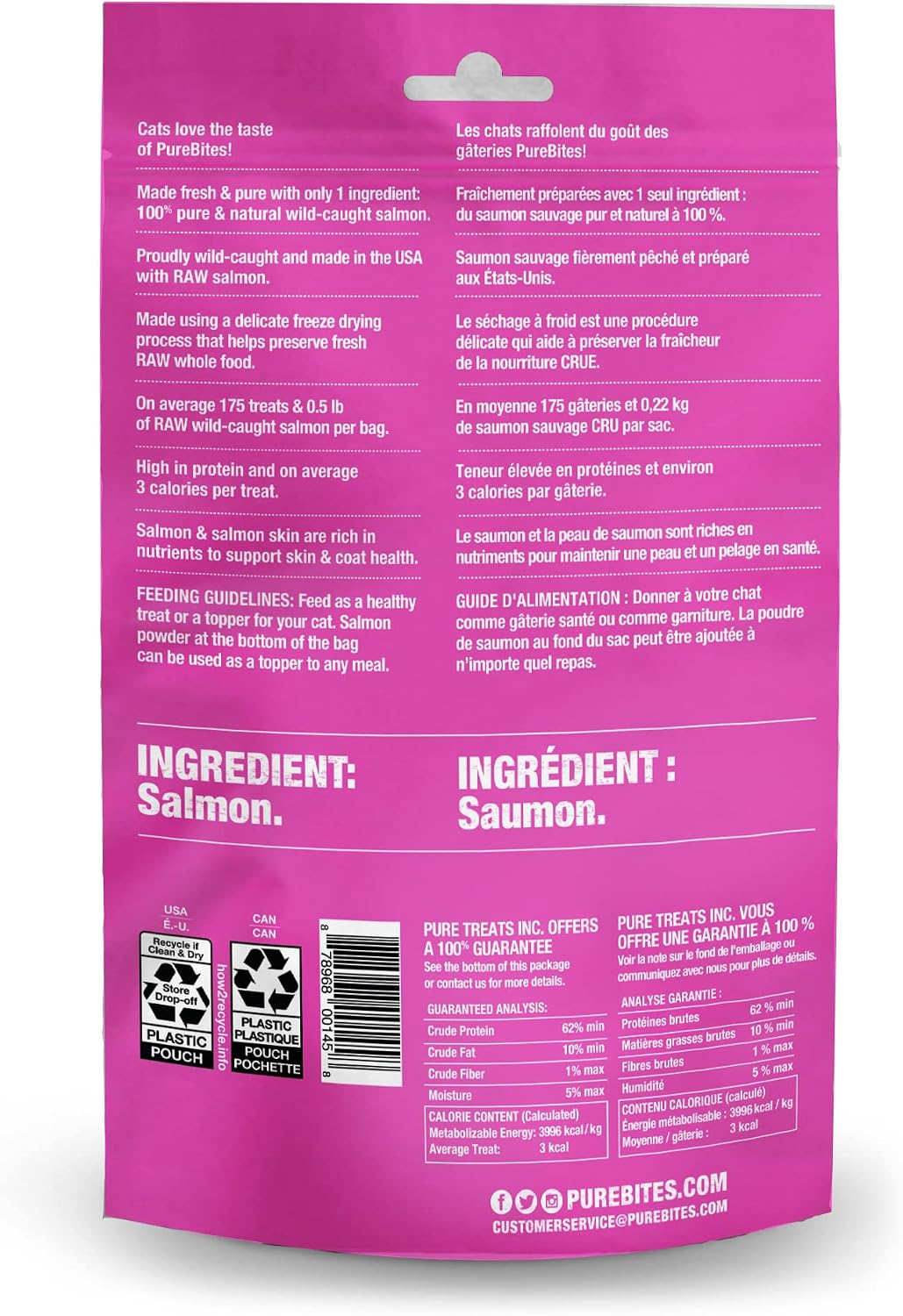 Premium high protein low calorie salmon cat treats back packaging details