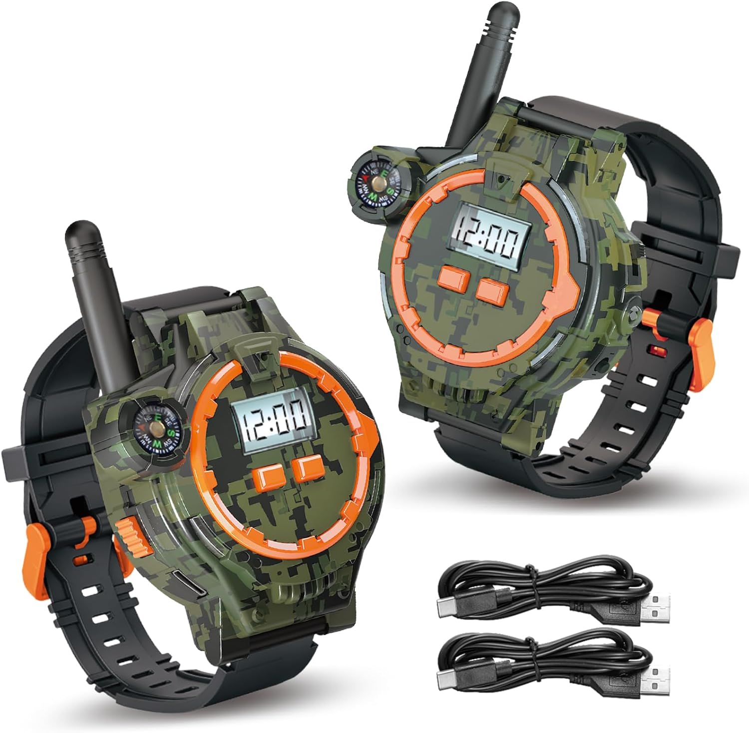 Zeeloopbee rechargeable walkie talkie watch front view showing green camouflage pattern and digital screen