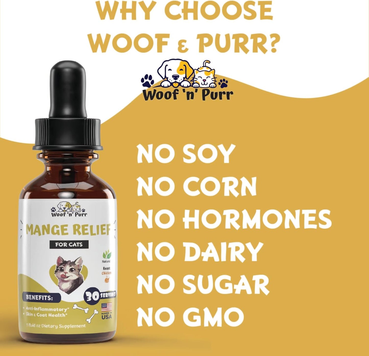Woof 'N' Purr feline mange relief tincture with natural ingredients list.