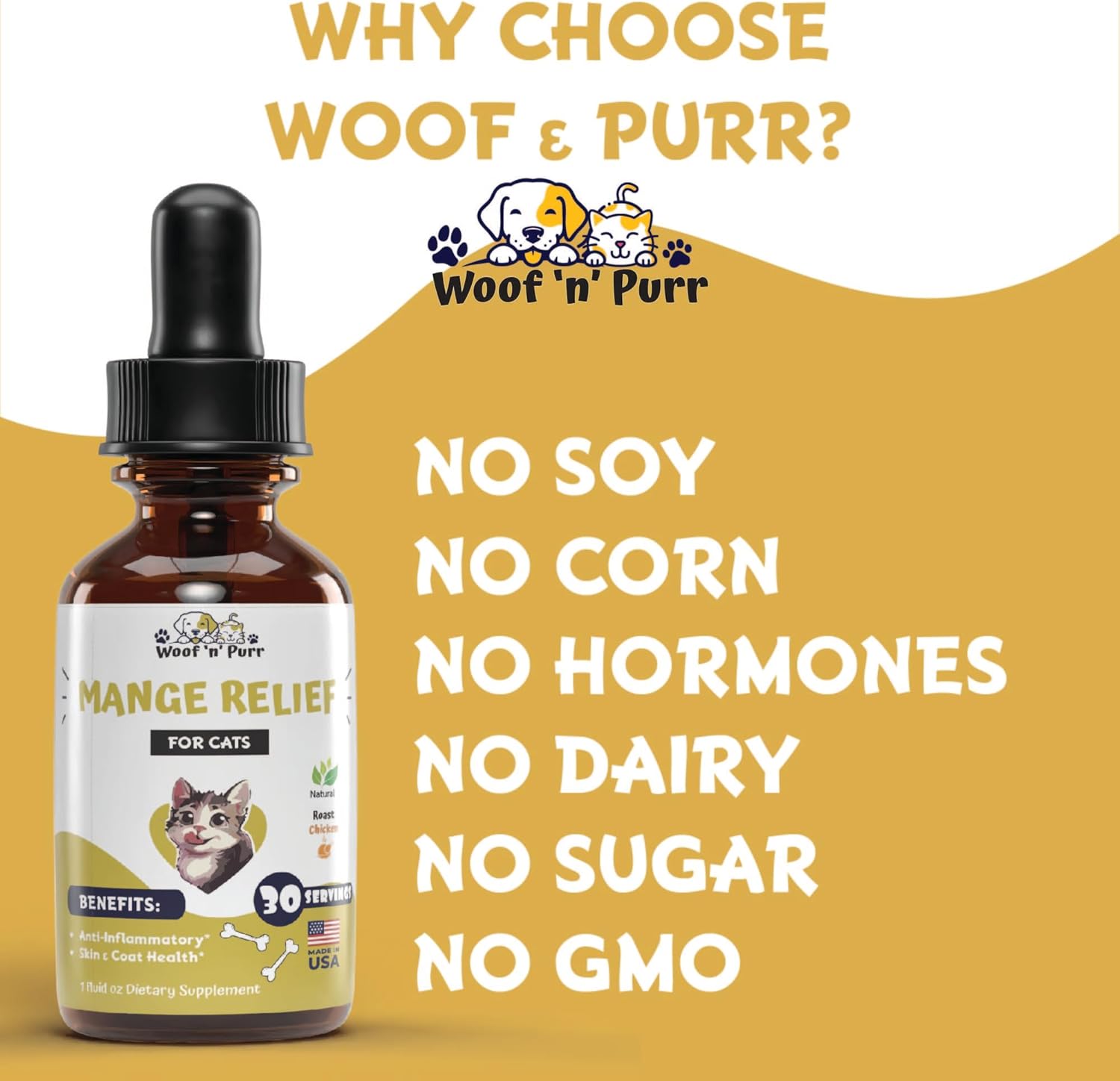 Woof 'N' Purr feline mange relief tincture with natural ingredients list.