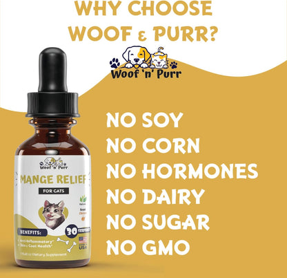 Woof 'N' Purr feline mange relief tincture with natural ingredients list.