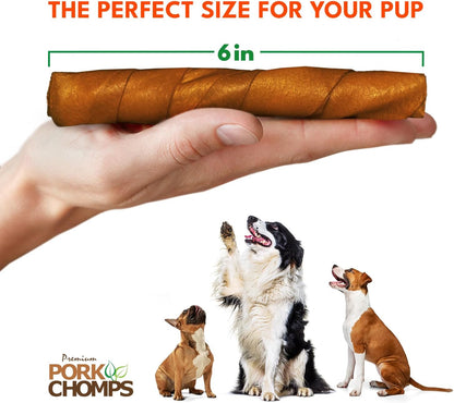 Pork Chomps Premium Roasted Twistz packaging detailing ingredients and digestibility facts