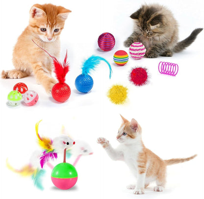 Complete layout of the AILUKI kitten toy bundle including balls bells and catnip fish.